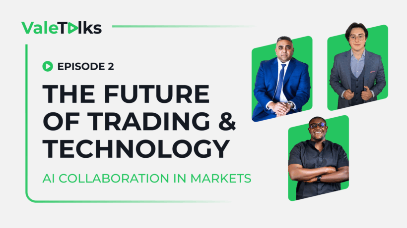 ValeTalks Episode 2 cover with Alfredo, Manesh Patel, and Rion discussing AI and trading
